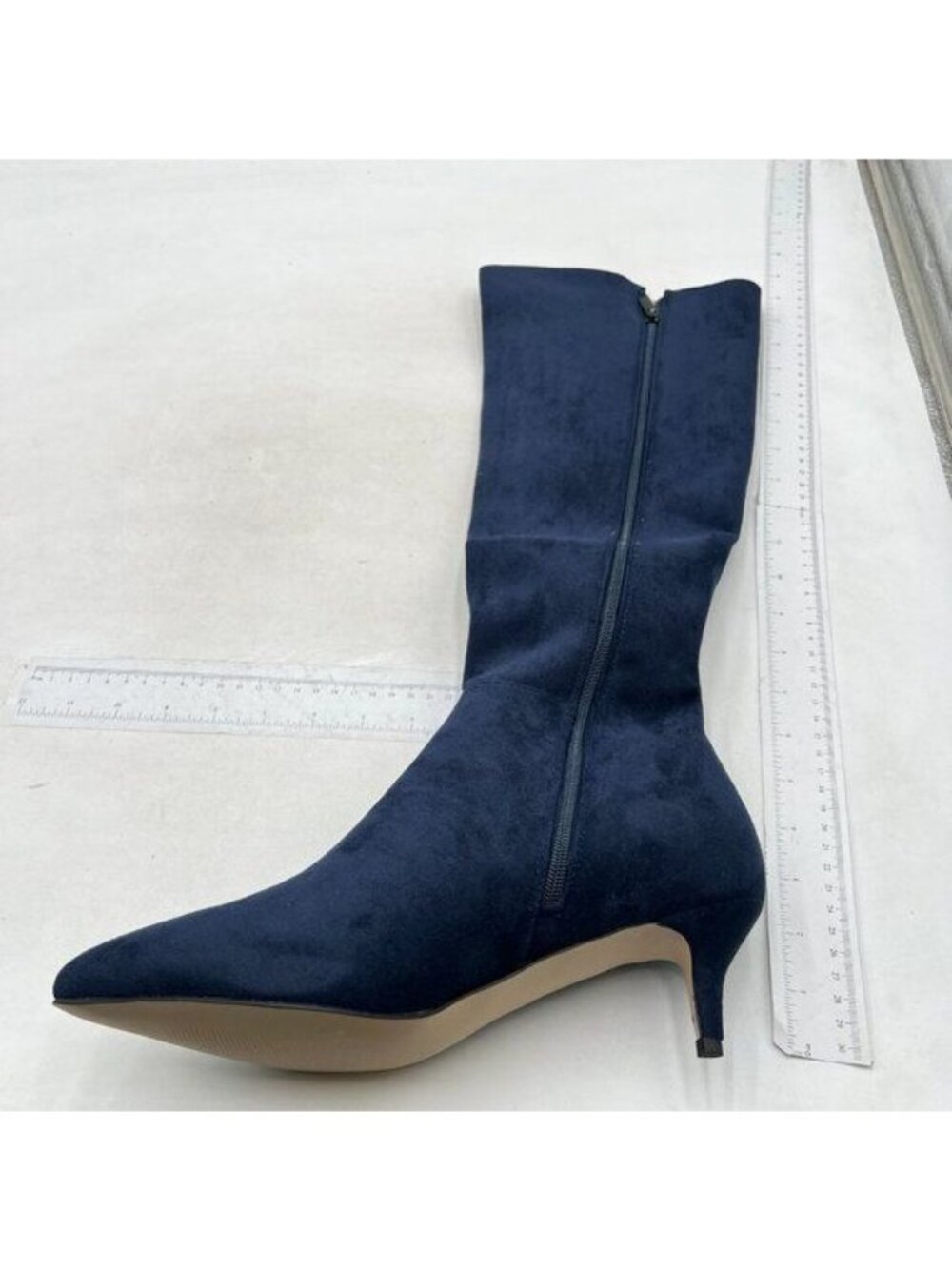 Kitten Heel Knee High Boots for Women Pointed Toe Low Heel Tall Boots Blue Shoes